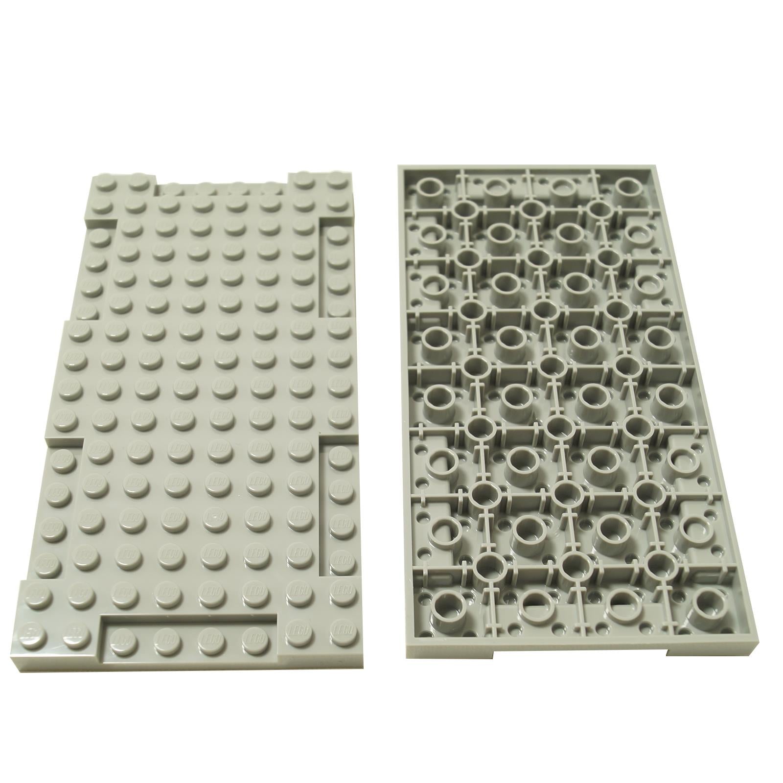 Two light bluish-gray LEGO Baseplates (2629) shown: top studs view and detailed anti-stud view.