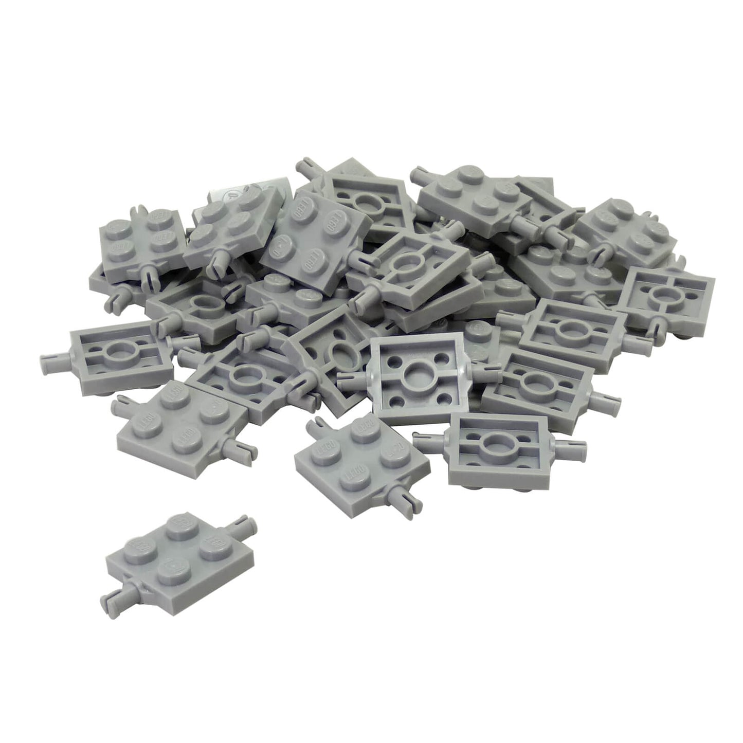 Pile of light bluish-gray LEGO Plate 2x2 with Wheels Holder pieces (4600) scattered on white.