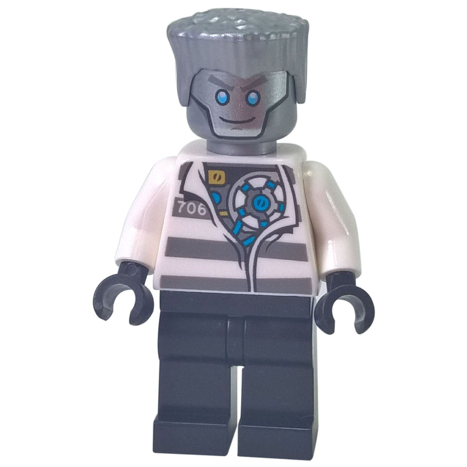 Zane minifigure with light gray robotic head, white prison shirt and black legs
