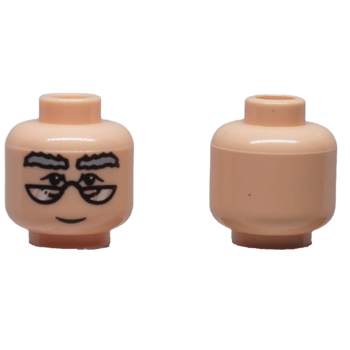 Light nougat LEGO® Dumbledore minifigure head 3626pb0003 shown front and back with printed glasses, thick eyebrows and smiling face