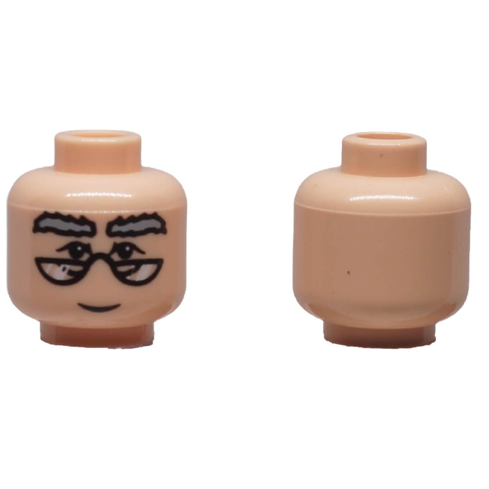 Light nougat LEGO® Dumbledore minifigure head 3626pb0003 shown front and back with printed glasses, thick eyebrows and smiling face