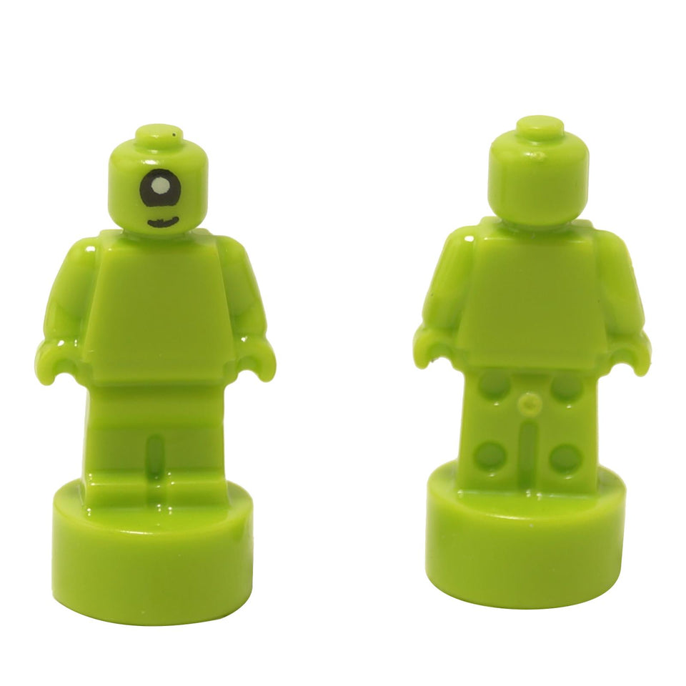 Lime alien statuette trophy with single eye detail, shown from front and back on a round display base
