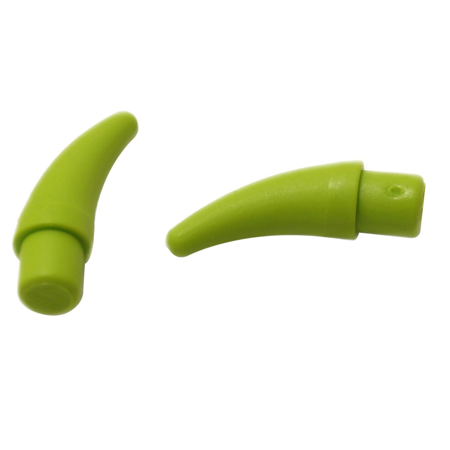 Two lime green curved LEGO horn pieces (53451) shown separately, one with a smooth tip.