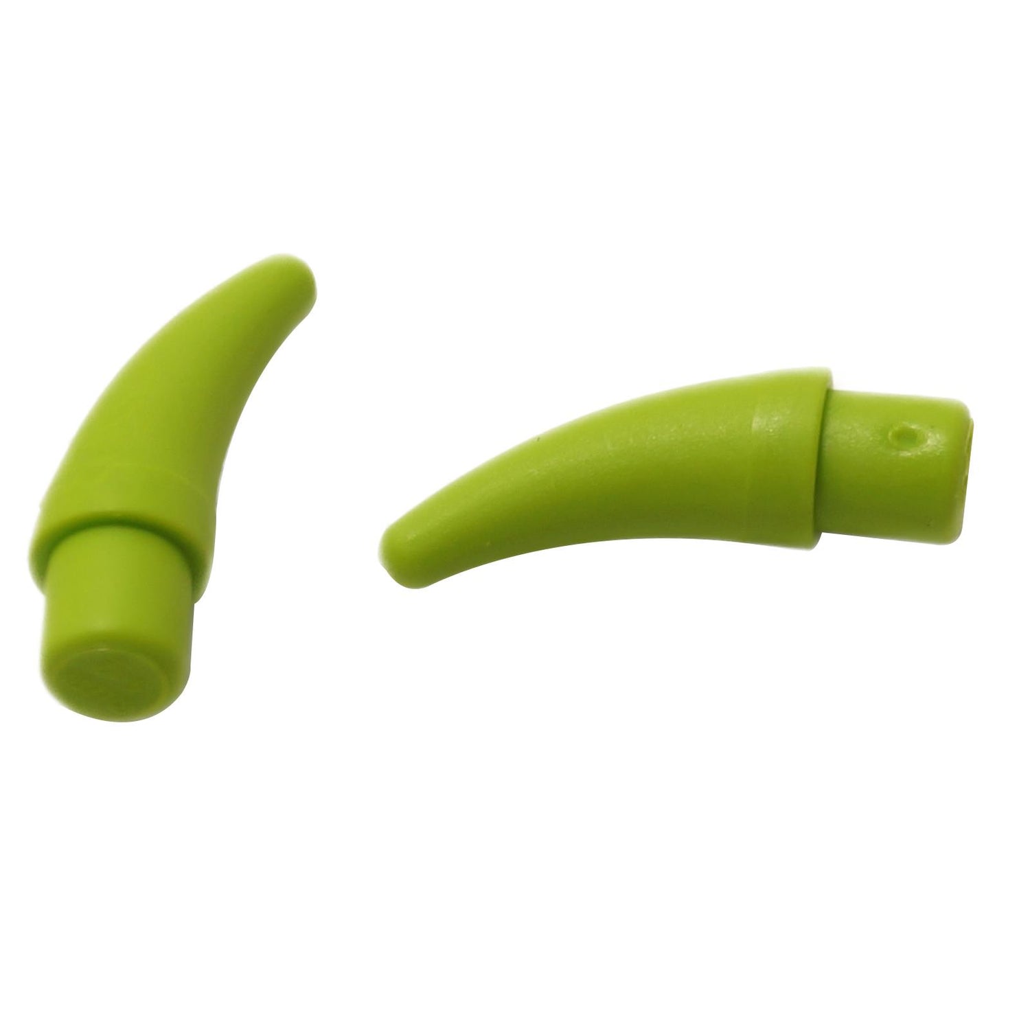 Two lime green curved LEGO horn pieces (53451) shown separately, one with a smooth tip.