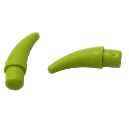 Two lime green curved LEGO horn pieces (53451) shown separately, one with a smooth tip.