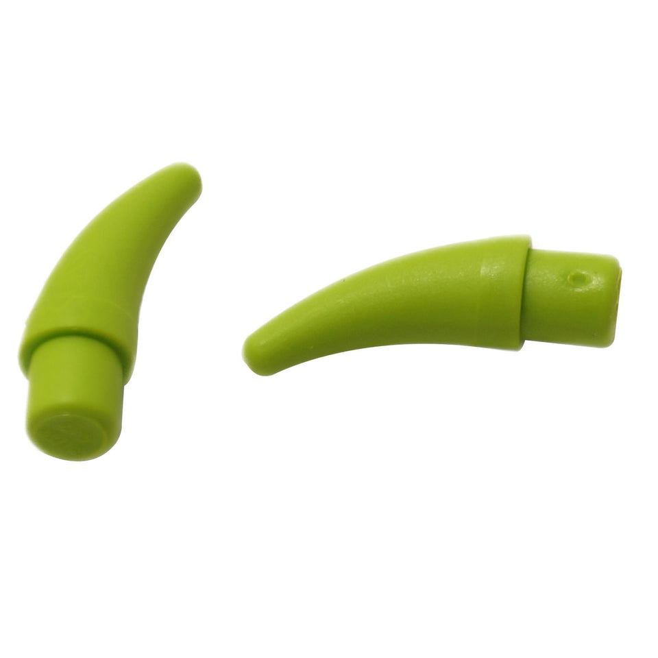 Two lime green curved LEGO horn pieces (53451) shown separately, one with a smooth tip.