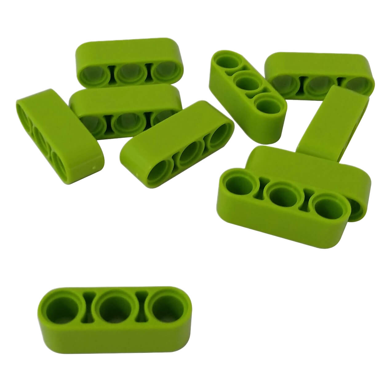 group of lime green LEGO Technic 1x3 Thick Liftarm pieces (32523).
