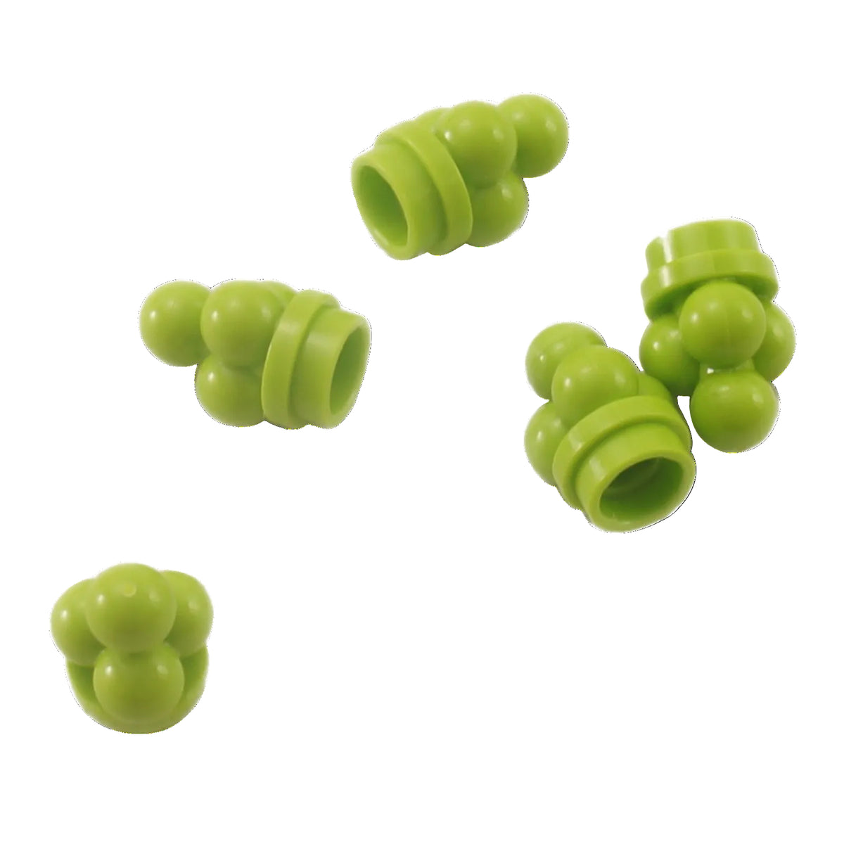 Lime LEGO® ice cream scoops part 6254 shown from several angles with clustered rounded scoops and hollow cylindrical connection
