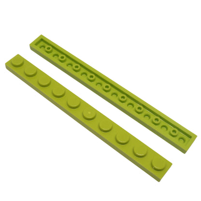 Lime LEGO® Plate 1 x 10 part 4477 shown from the top and underside with ten studs and recessed support details