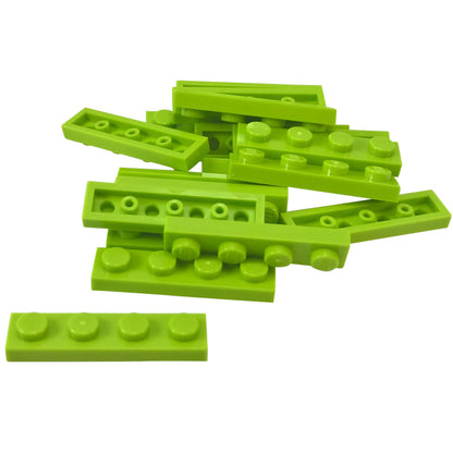 Lime 1x4 plate building piece with four studs for detailed minifigure scale builds

