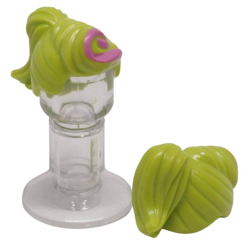 Lime LEGO® ponytail hair piece 13785pb01 shown front and back with swept fringe, moulded strands and dark pink swirl print