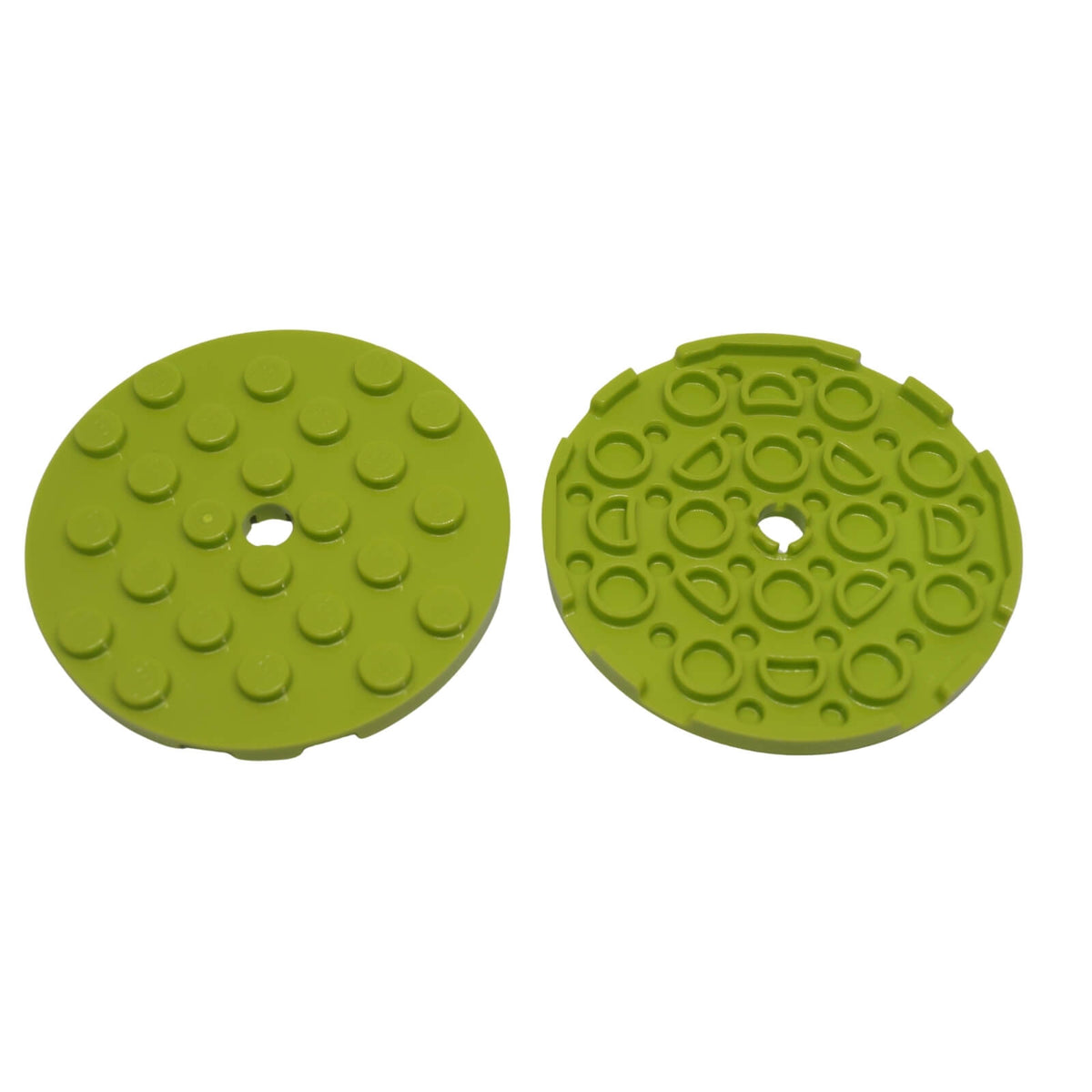 Lime LEGO® Round Plate 6 x 6 part 11213 shown from the top and underside with studs and a central hole