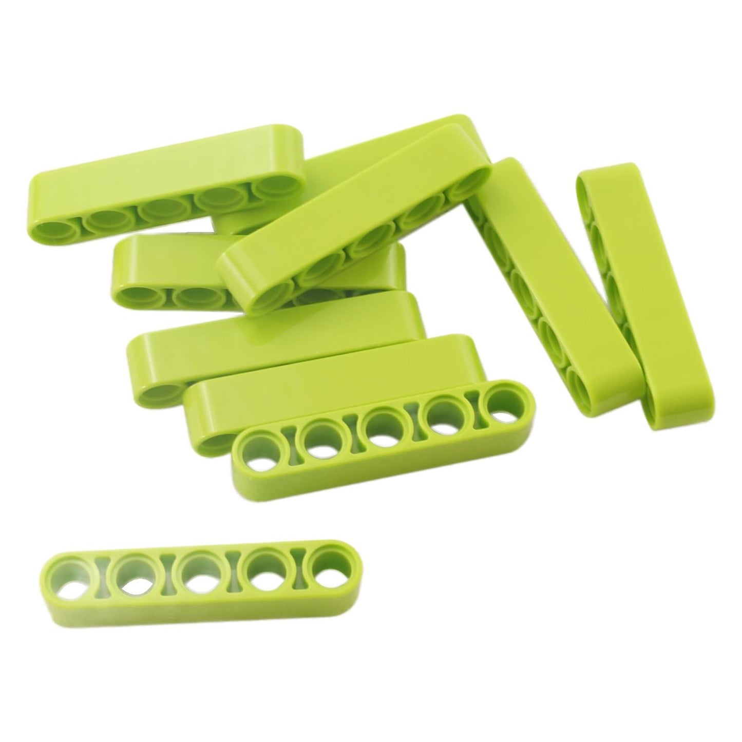Verde Lima Piezas de Technic 1x5 Thick Liftarm (32316) mostradas en varias orientaciones.