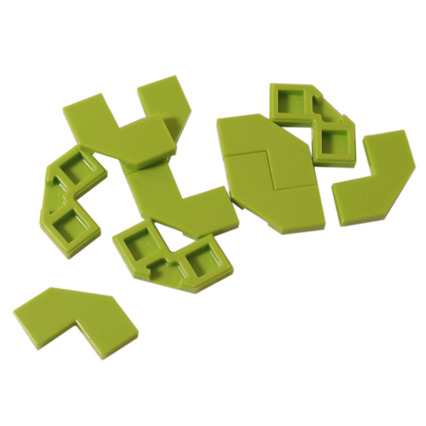 Lime modified facet Tile 2 x 2 for angled detailing, decorative surfaces, and clean LEGO® builds
