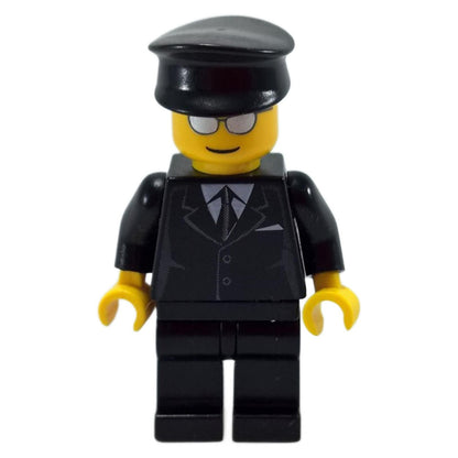LEGO Airport Limo Driver, black suit, silver sunglasses, front view