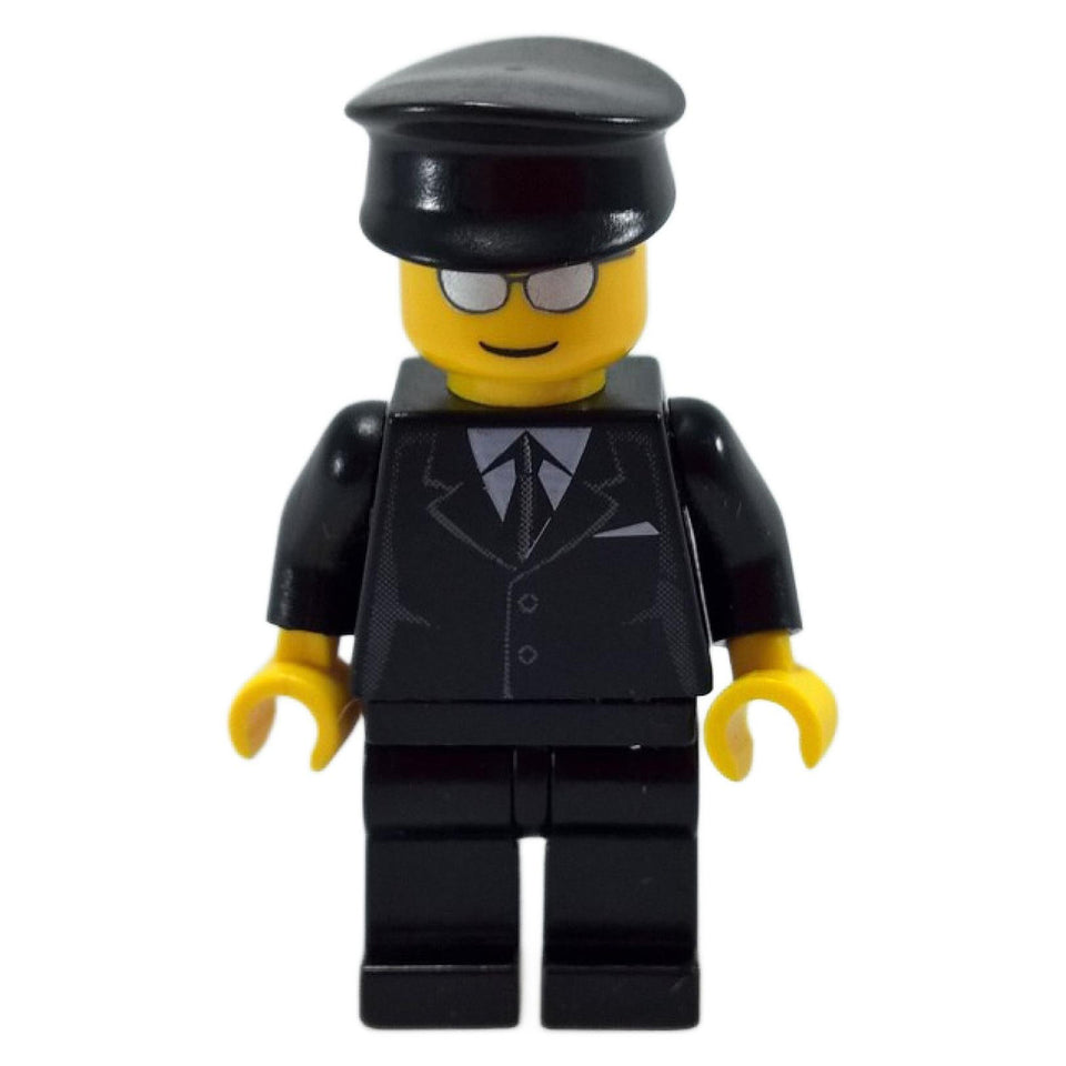 LEGO Airport Limo Driver, black suit, silver sunglasses, front view