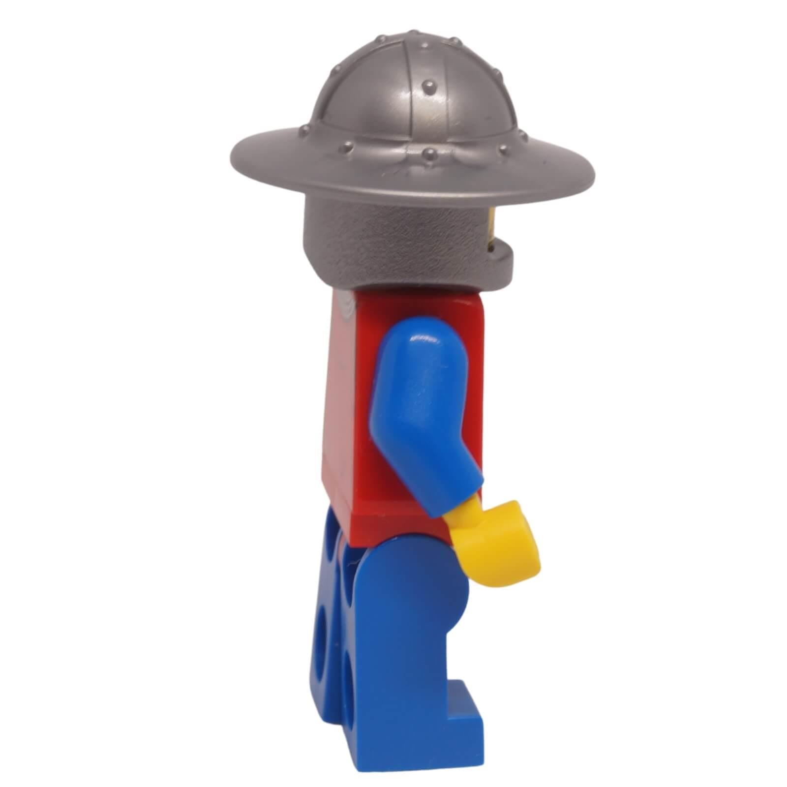 LEGO Lion Knight Archer minifigure with silver helmet and heraldic tunic side profile view