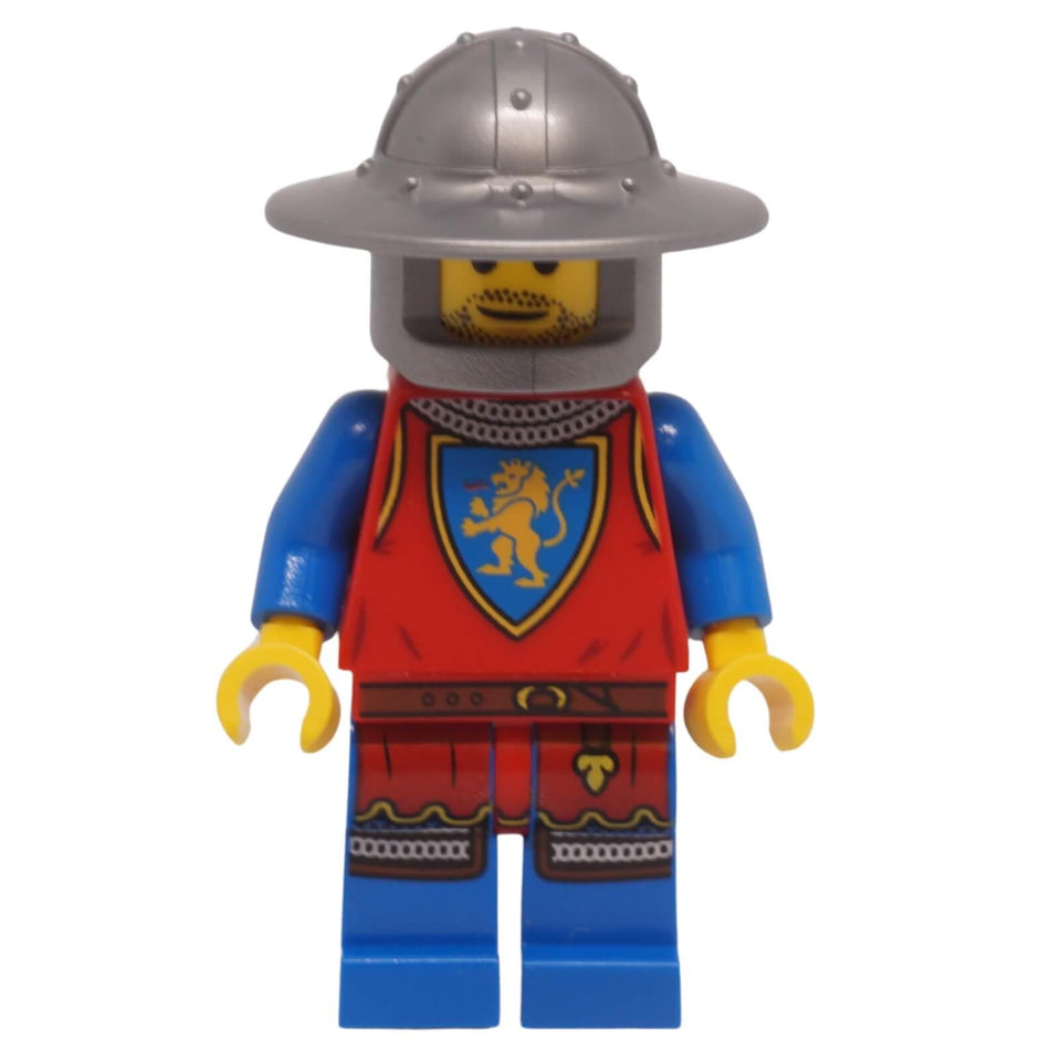 LEGO Lion Knight Archer minifigure with silver helmet and heraldic tunic
