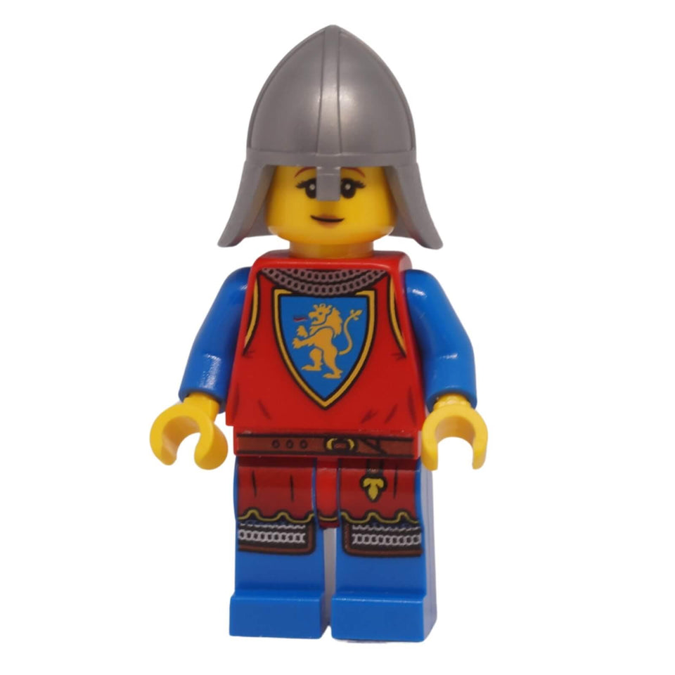 LEGO Lion Knight Female Minifigure bdp278 with flat silver neck protector helmet and dual facial expressions
