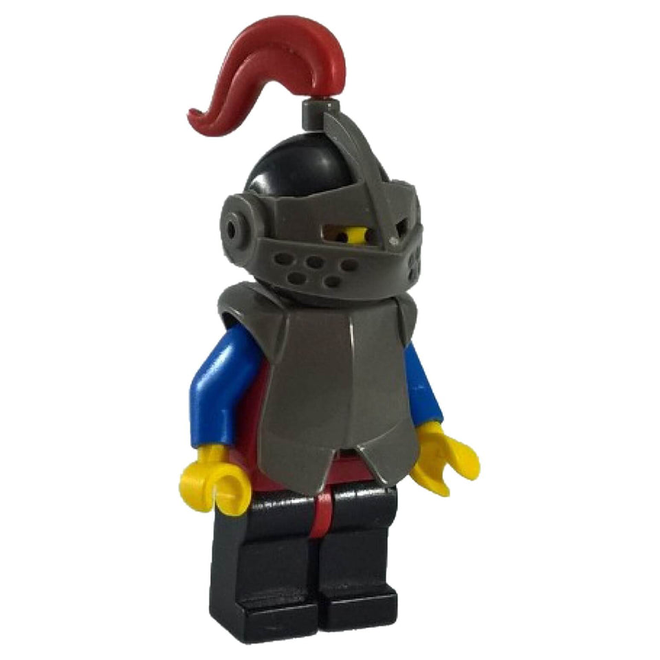 Lion Knight cas170 minifigure with red torso, dark grey visor and red plume
