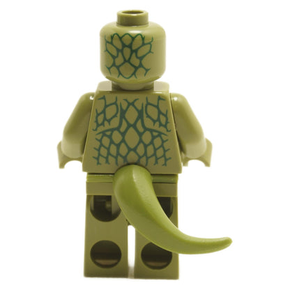 Back view of LEGO® Lizard minifigure sh0938 showing scaly reptile torso print and attached green lizard tail