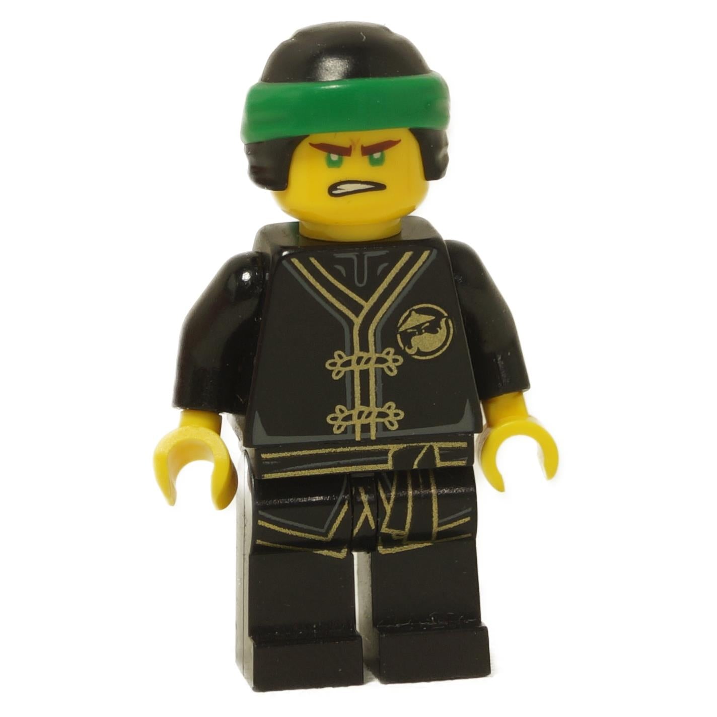 LEGO® Lloyd minifigure wearing black Wu-Cru training gi with green head wrap and angry face expression close-up view