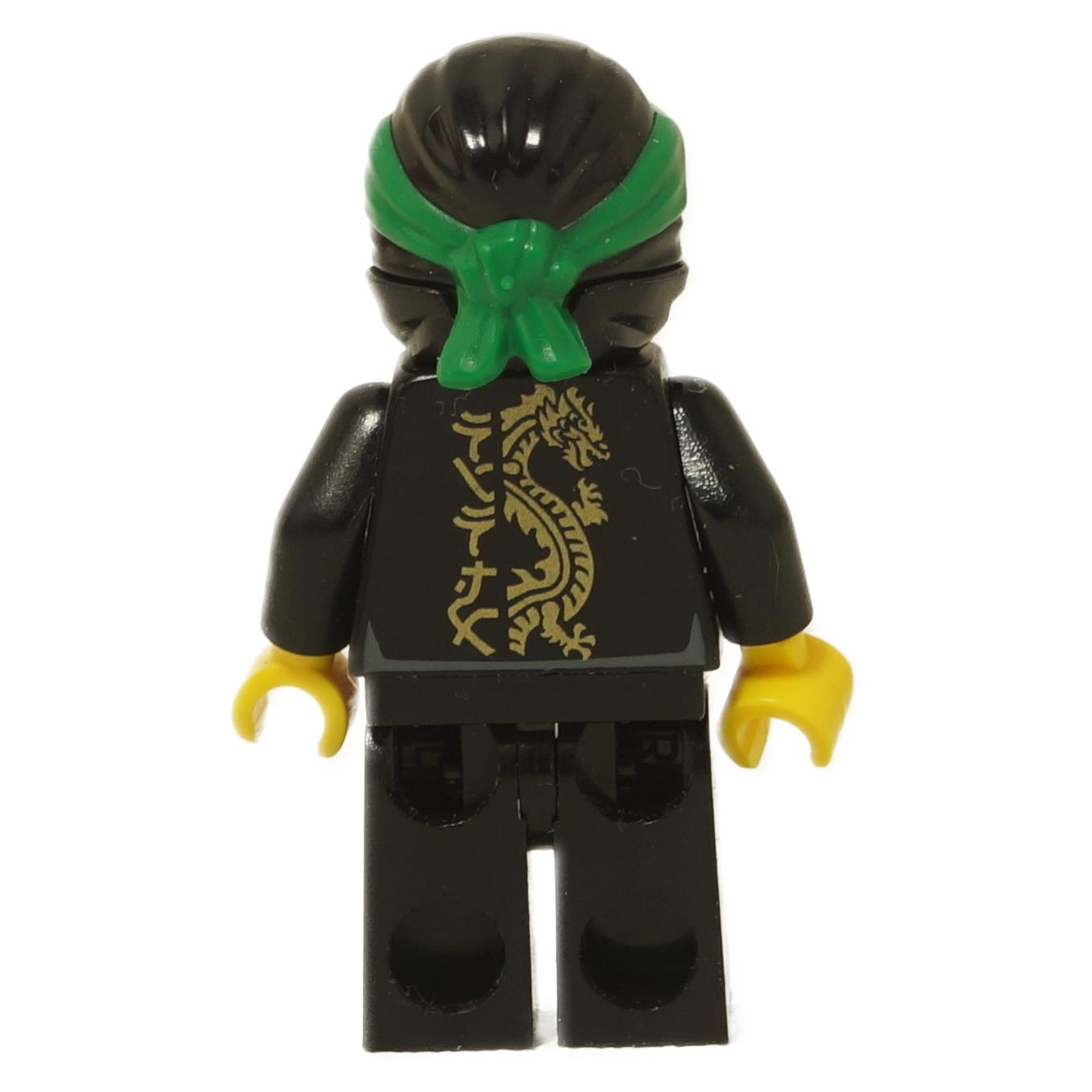 LEGO® Lloyd minifigure back view wearing black Wu-Cru training gi with gold dragon emblem print and green head wrap close-up