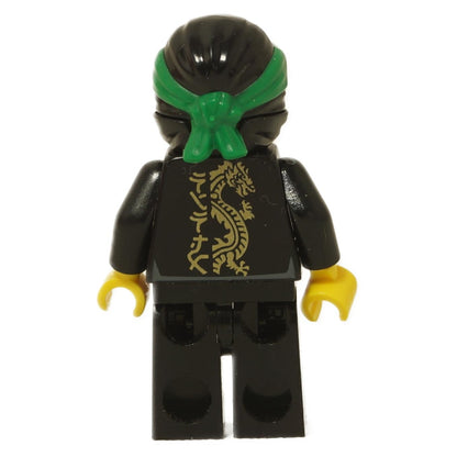 LEGO® Lloyd minifigure back view wearing black Wu-Cru training gi with gold dragon emblem print and green head wrap close-up