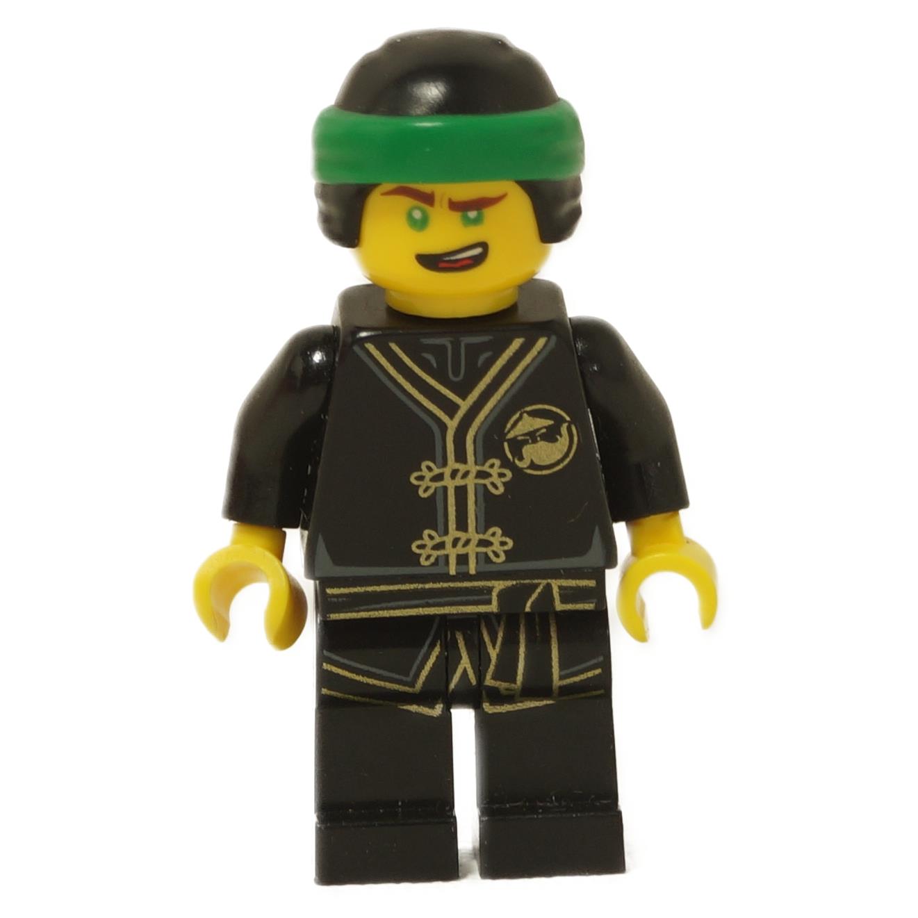 LEGO® Lloyd minifigure wearing black Wu-Cru training gi with green head wrap and confident smile expression close-up view