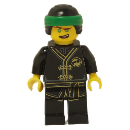 LEGO® Lloyd minifigure wearing black Wu-Cru training gi with green head wrap and confident smile expression close-up view