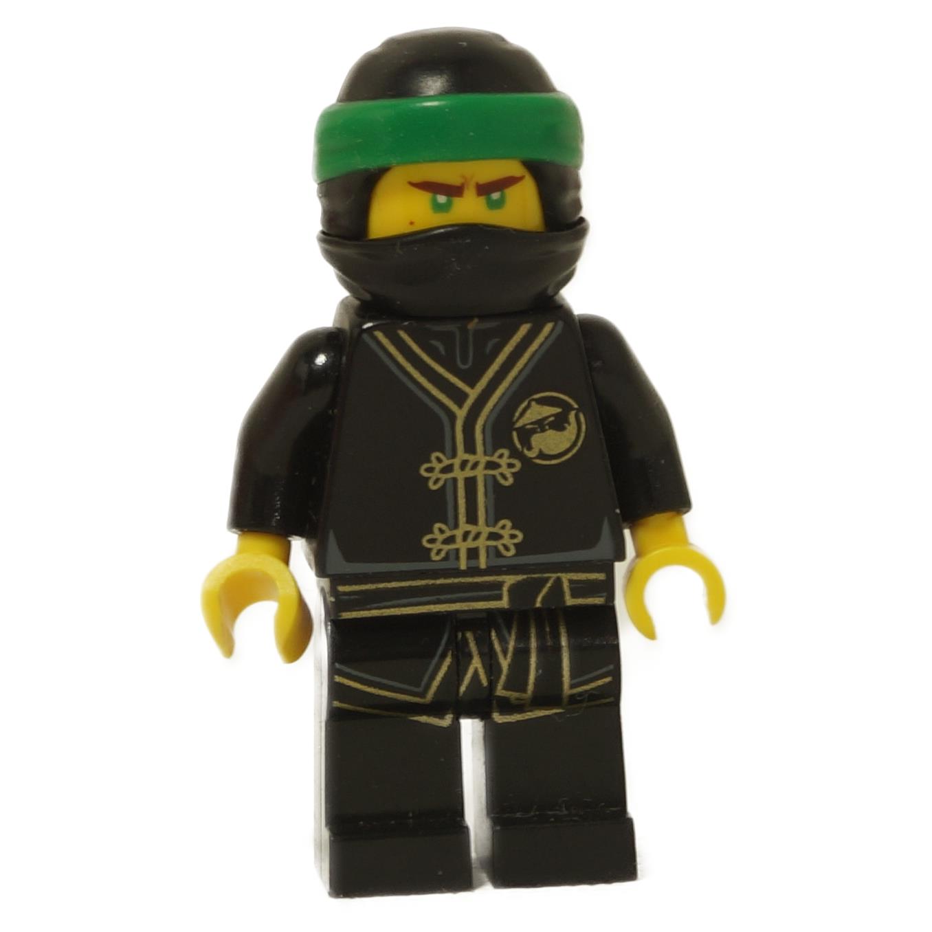LEGO® Lloyd minifigure wearing black Wu-Cru training gi with green head wrap and gold emblem print close-up view