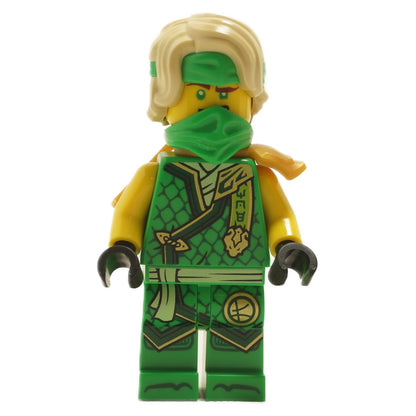 LEGO minifigure of Lloyd from Ninjago in tournament armor with green and gold colors, including a scabbard.