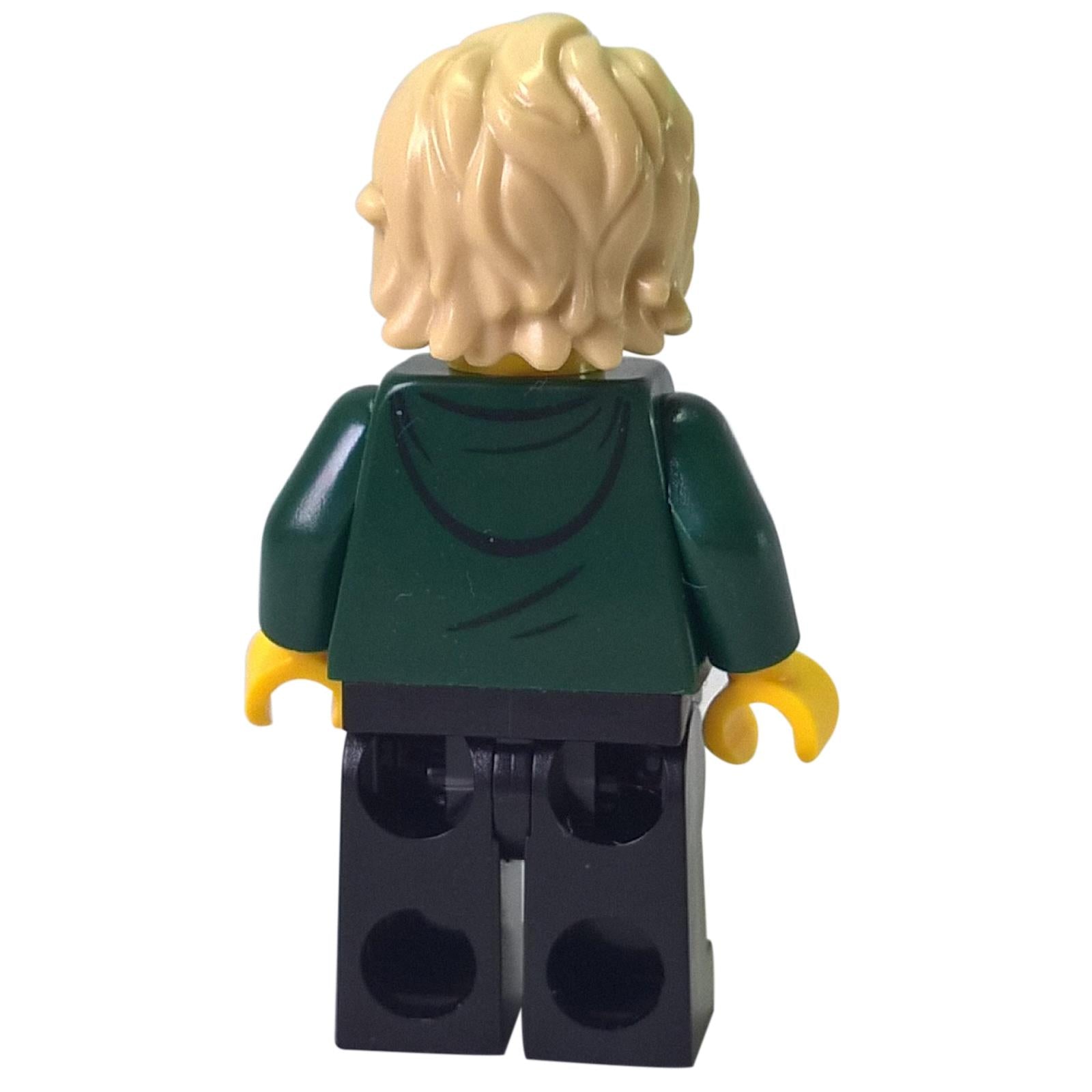 Lloyd Garmadon minifigure back view showing green hoodie back print, blond hair, and dark legs
