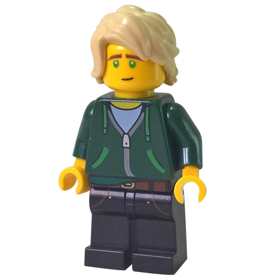 Lloyd Garmadon minifigure front view with blond hair, green hoodie, dark pants, and casual outfit print

