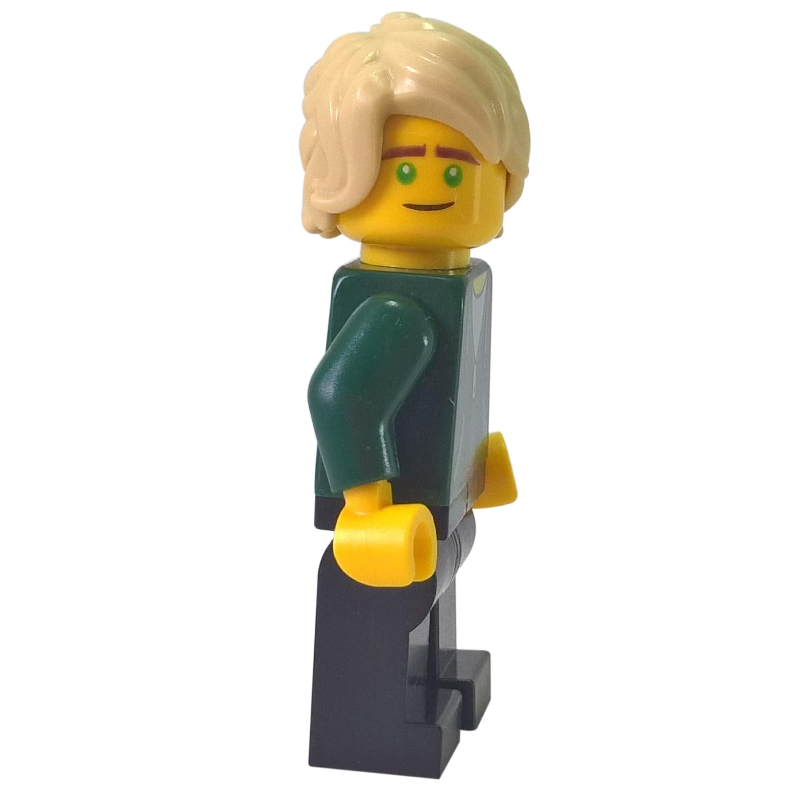 Lloyd Garmadon minifigure side view with blond hair, green hoodie, dark pants, and casual outfit
