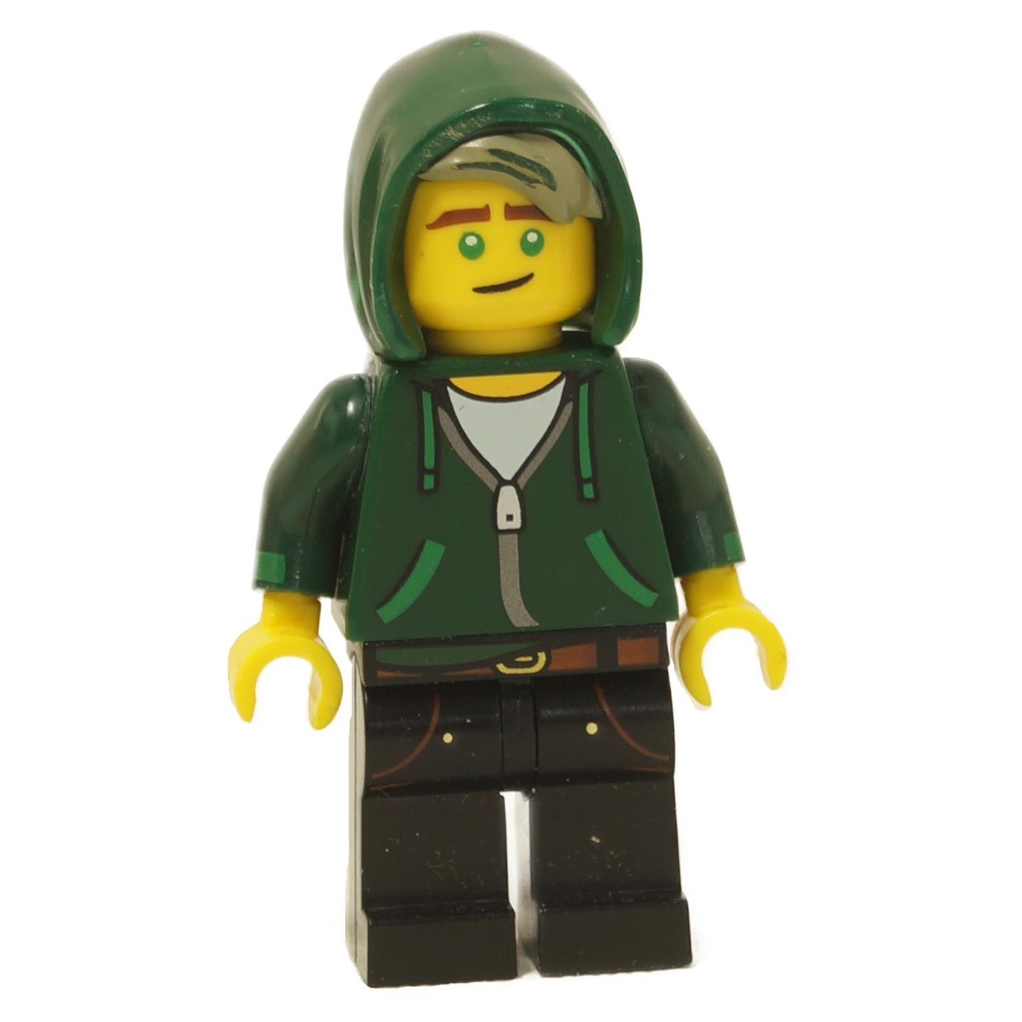 LEGO minifigure of Lloyd Garmadon from The LEGO Ninjago Movie, featuring a green hoodie, black pants, and blonde hair with green highlights.