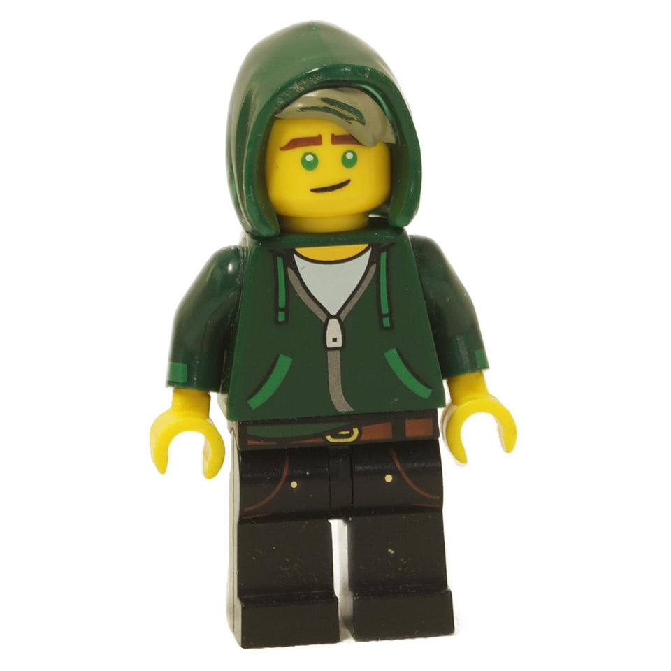 LEGO minifigure of Lloyd Garmadon from The LEGO Ninjago Movie, featuring a green hoodie, black pants, and blonde hair with green highlights.