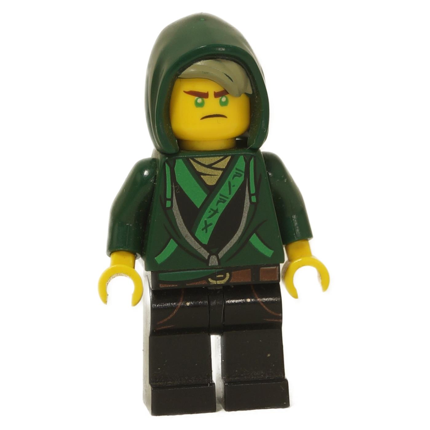 LEGO minifigure of Lloyd Garmadon from The LEGO Ninjago Movie, wearing a dark green hoodie and black pants with a detailed ninja robe featuring printed bandolier, sash, and mysterious Ninjago script.