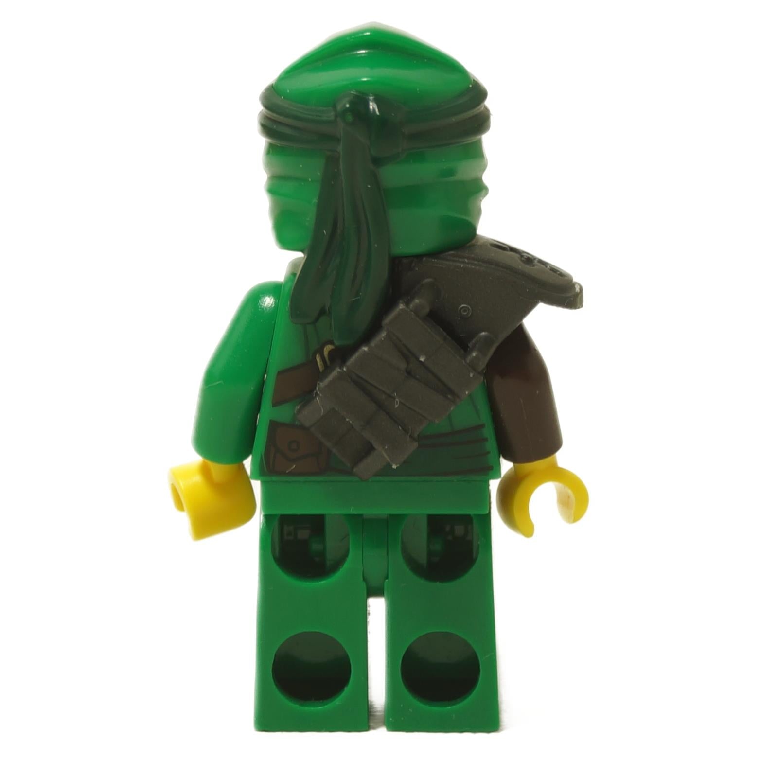 LEGO® Lloyd Secrets of the Forbidden Spinjitzu minifigure njo0544 back view with green hood and black shoulder armor close-up