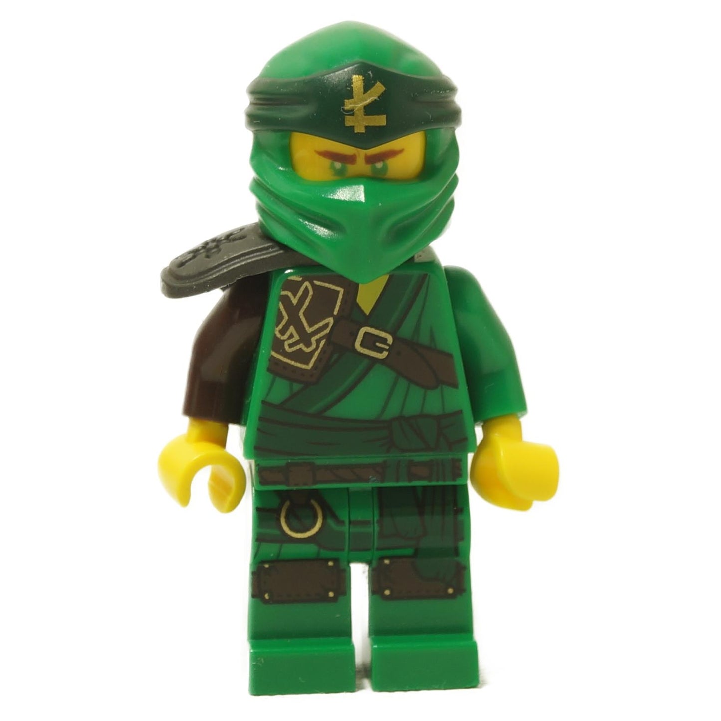 LEGO minifigure representing the character Lloyd from the NINJAGO series, dressed in green with a golden headband and black shoulder armor.