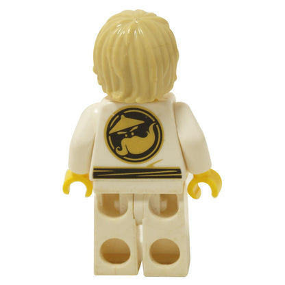LEGO® Lloyd minifigure back view wearing white Wu-Cru training gi with black dragon emblem print and tousled blond hair close-up