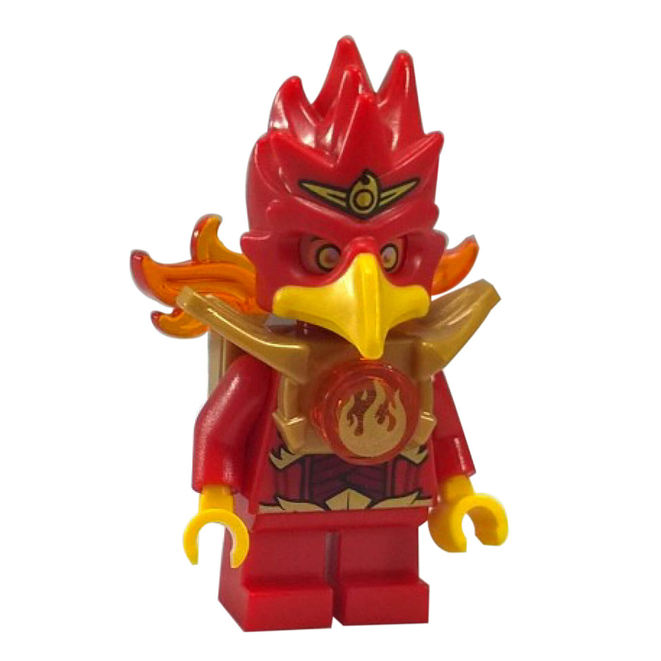 LEGO® Minifigure Flinx Legends of Chima dengan helmet phoenix merah, armor api emas, dan orb CHI Api.