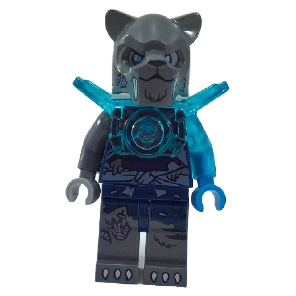 LEGO® Minifigure Stealthor dari Legends of Chima dengan helmet taring kelabu gelap, armor biru telus, dan tanda tribal beku.