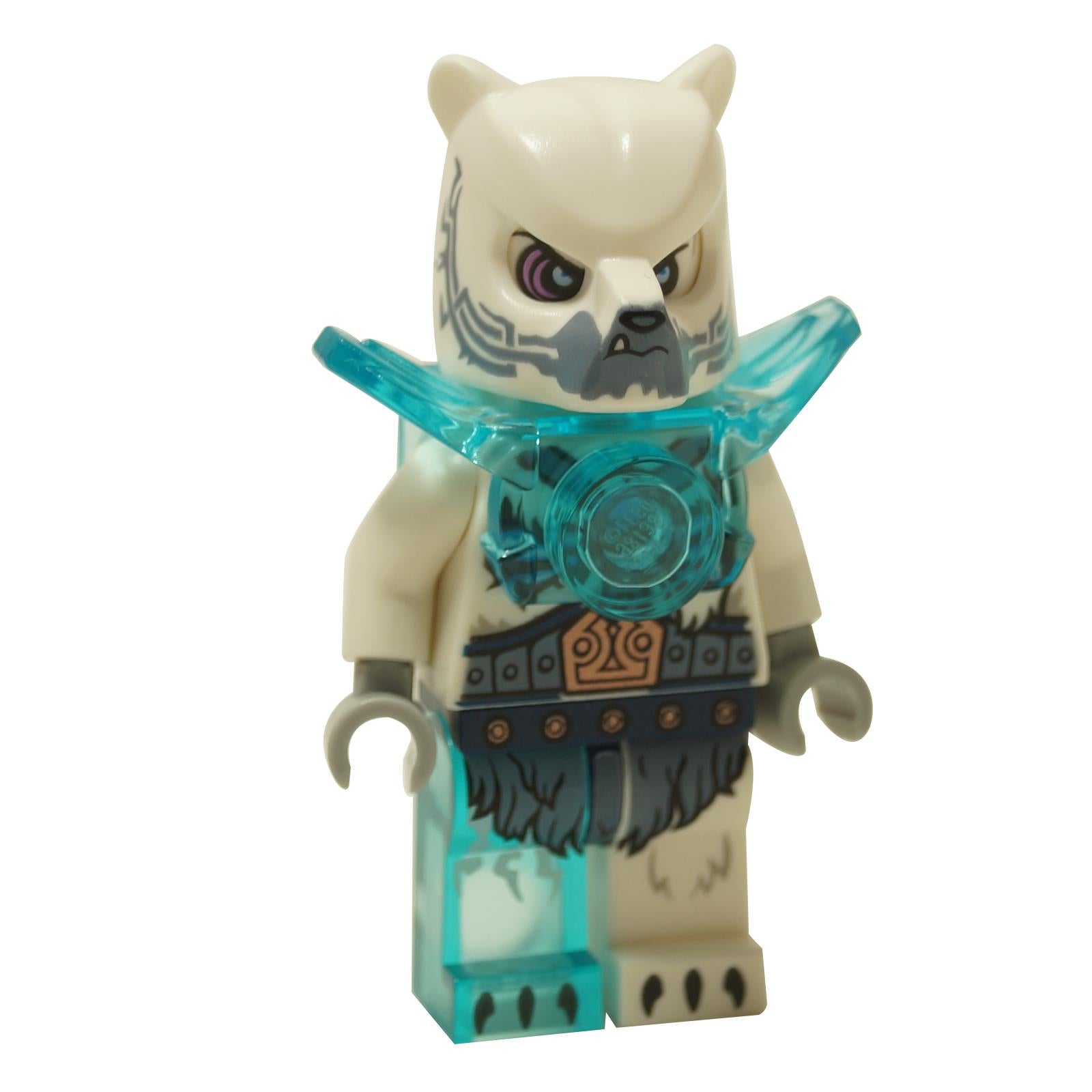 Iceklaw minifigure with blue armor chest piece and white wolf head
