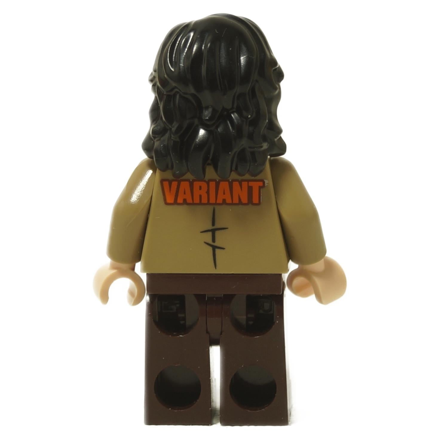 LEGO® Loki Marvel Studios Series 1 minifigure back view with VARIANT print on tan jacket close-up