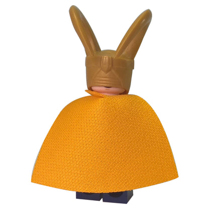 LEGO Loki minifigure sh0411 with gold horned helmet dark blue outfit and orange cape backside