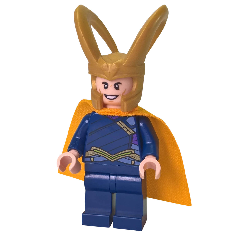 LEGO Loki minifigure sh0411 with gold horned helmet dark blue outfit and orange cape
