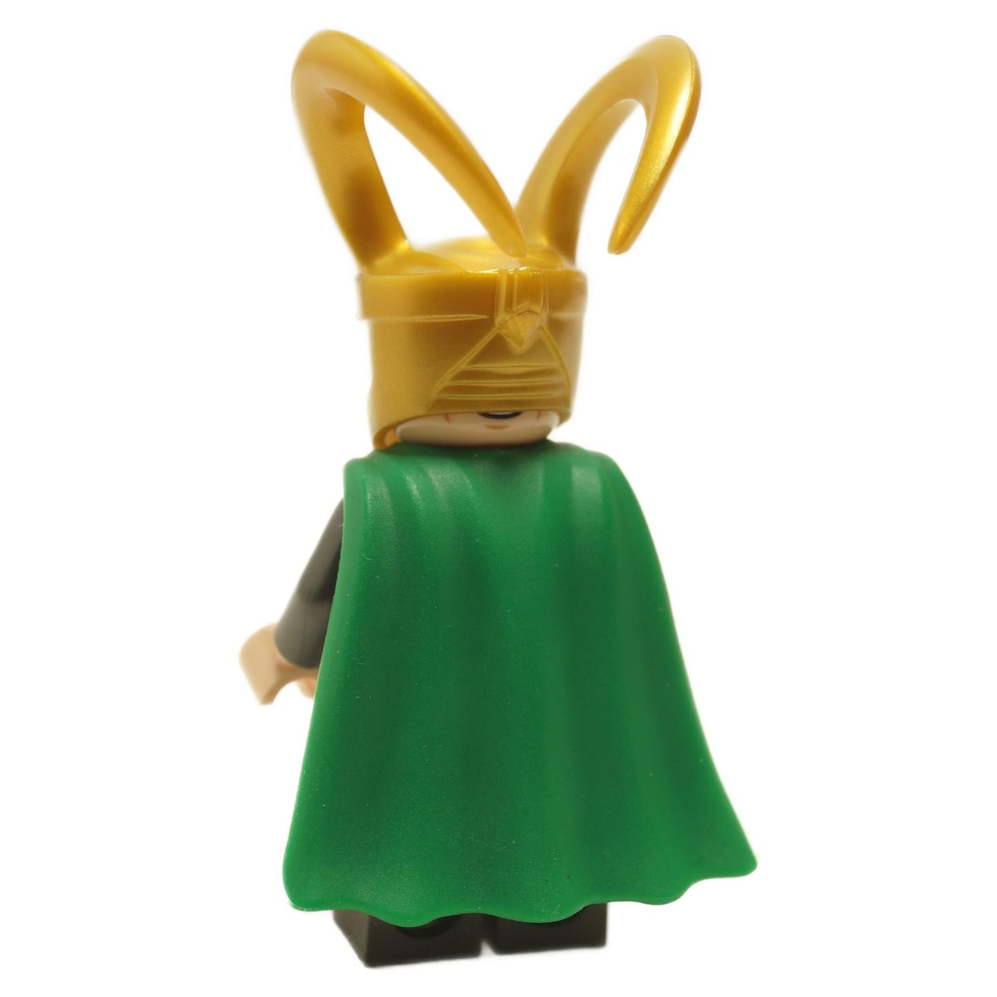 Rear view of Loki minifigure in pearl dark gray suit with green flexible rubber cape and gold horned helmet