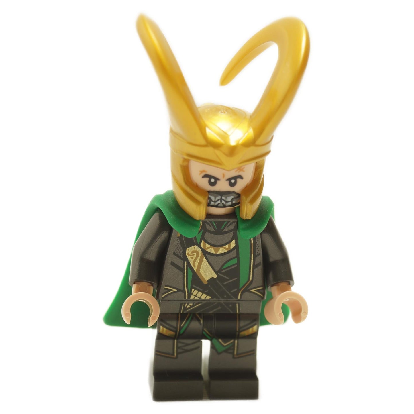 LEGO minifigure representing Loki with a gold horned helmet and black and gold battle armor, accompanied by a flexible green cape.