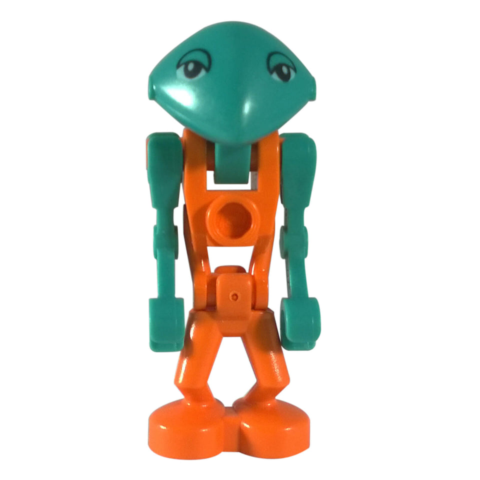 LEGO® Martian Vega minifigure (lom012) from the Life on Mars theme, featuring a teal head with printed eyes and a bright orange body, with teal arms and legs.